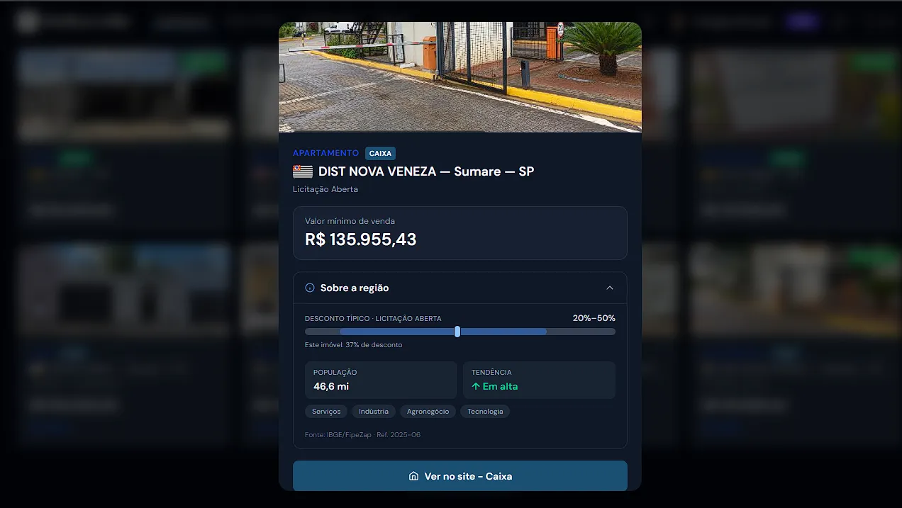 Página de detalhe de imóvel com localização, fotos e link para leilão
