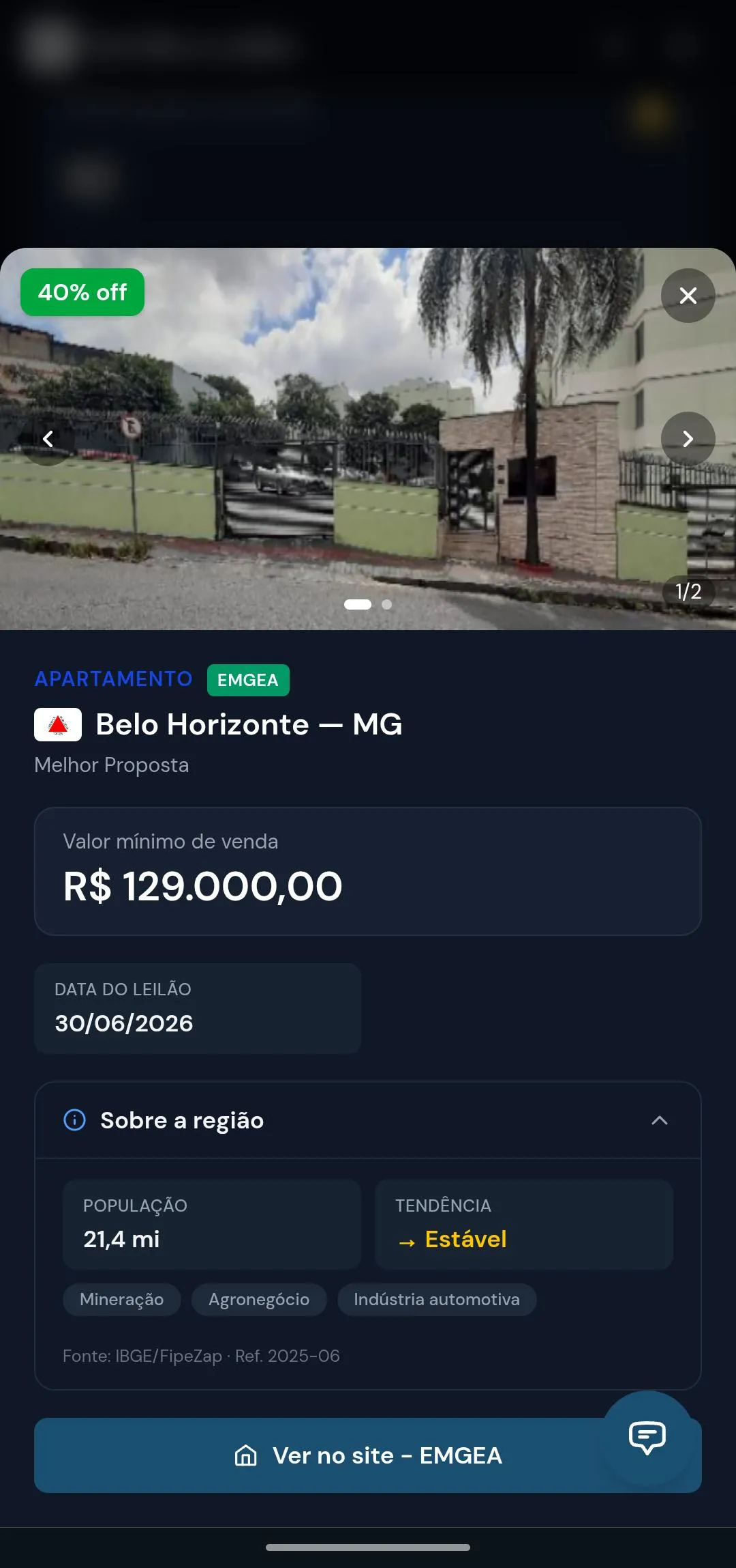 Página de detalhe de imóvel com localização, fotos e link para leilão — versão mobile