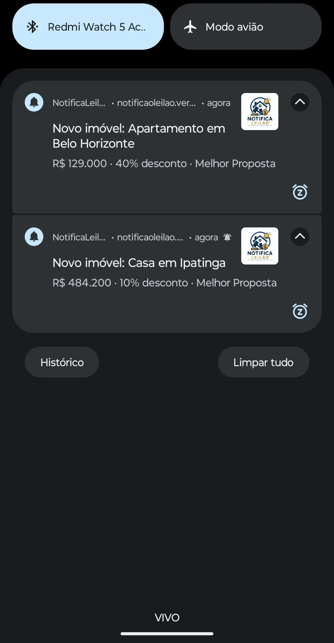 Notificação push recebida no celular com detalhes do imóvel — versão mobile
